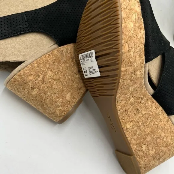 Clarks Women's Annadel Parker Black Suede Cork Wedge Platform Sandal 7.5M New