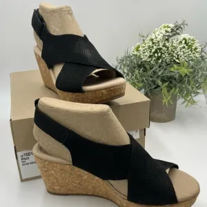 Clarks Women's Annadel Parker Black Suede Cork Wedge Platform Sandal 7.5M New