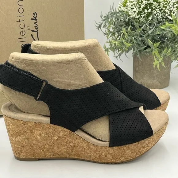 Clarks Women's Annadel Parker Black Suede Cork Wedge Platform Sandal 7.5M New
