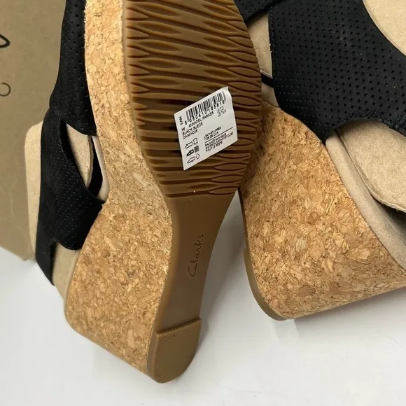 Clarks Women's Annadel Parker Black Suede Cork Wedge Platform Sandal 7.5M New