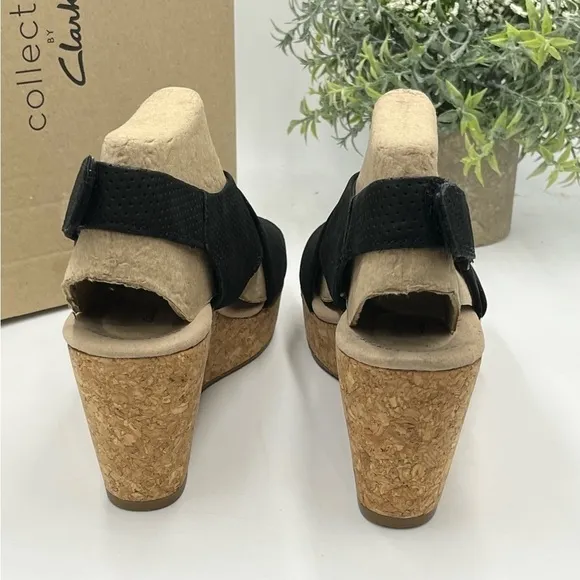 Clarks Women's Annadel Parker Black Suede Cork Wedge Platform Sandal 7.5M New