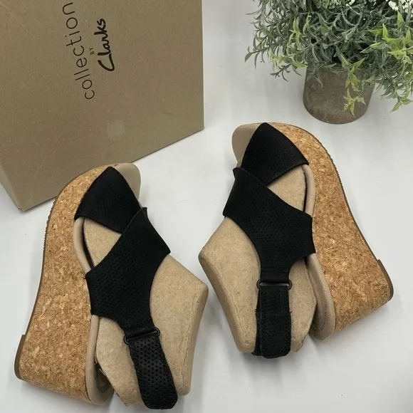 Clarks Women's Annadel Parker Black Suede Cork Wedge Platform Sandal 7.5M New