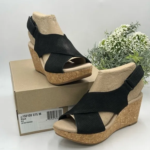 Clarks Women's Annadel Parker Black Suede Cork Wedge Platform Sandal 7.5M New