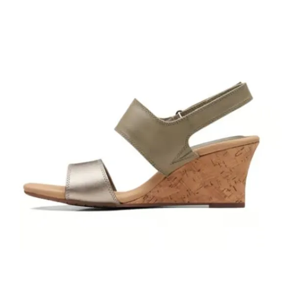 Clarks Womens Size 7 Olive Leather Kyarra Faye Wedge Heel Sandals