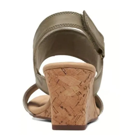 Clarks Womens Size 7 Olive Leather Kyarra Faye Wedge Heel Sandals