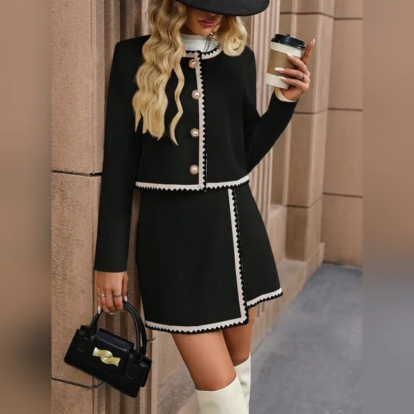 Clasi 2pcs Set: Long Sleeve Round Neck Faux Pearl Button Decorated Jacket