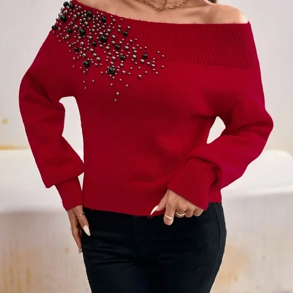 Clasi Women's Elegant Off-Shoulder Beaded Embellishment Sweater,