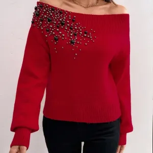 Clasi Women's Elegant Off-Shoulder Beaded Embellishment Sweater,