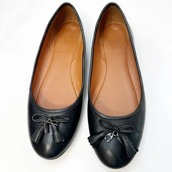 COACH Benni Leather Bow Ballet Flats With Charms in Black FG2941 Size 8.5