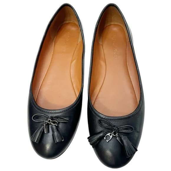 COACH Benni Leather Bow Ballet Flats With Charms in Black FG2941 Size 8.5