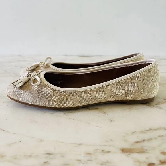 COACH Benni Lte Khaki Chalk Signature Canvas Logo Print Ballerina Flats - US 7.5