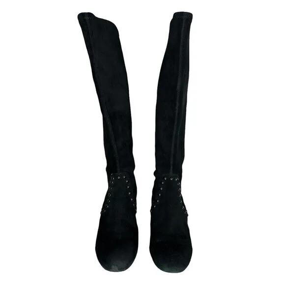 Coach Britney Knee High Black Suede Sock Pull-On Boots Block Heel Studded Size 8