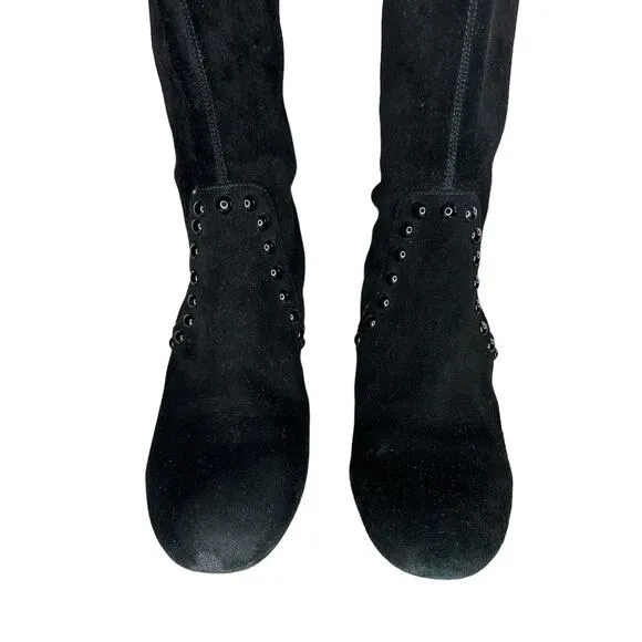 Coach Britney Knee High Black Suede Sock Pull-On Boots Block Heel Studded Size 8