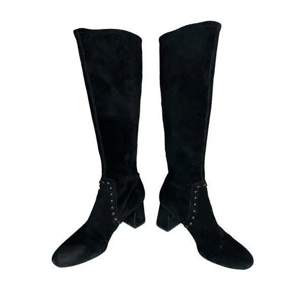 Coach Britney Knee High Black Suede Sock Pull-On Boots Block Heel Studded Size 8