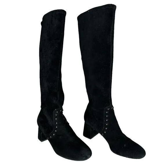 Coach Britney Knee High Black Suede Sock Pull-On Boots Block Heel Studded Size 8