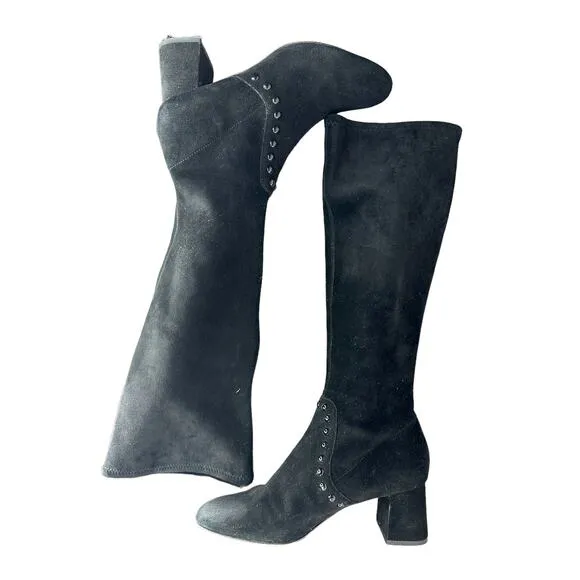 Coach Britney Knee High Black Suede Sock Pull-On Boots Block Heel Studded Size 8