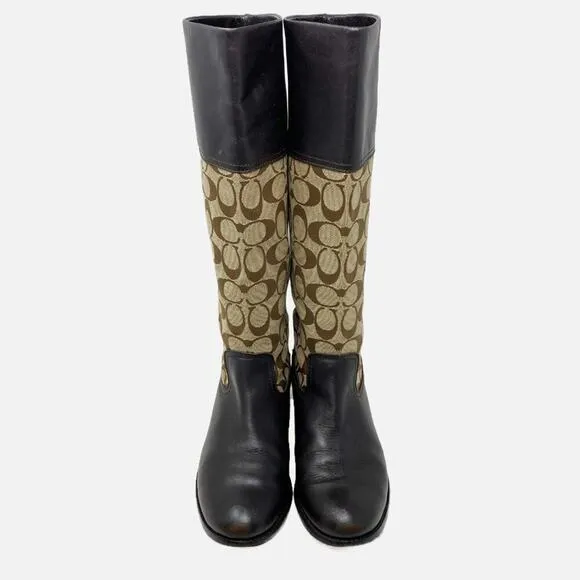 Coach Brown/Tan Chrissi Leather &amp; Logo Print Riding Boots Women's Sz 7.5 Pull On