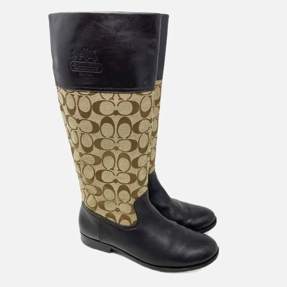 Coach Brown/Tan Chrissi Leather &amp; Logo Print Riding Boots Women's Sz 7.5 Pull On