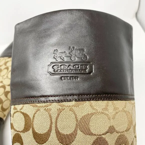 Coach Brown/Tan Chrissi Leather &amp; Logo Print Riding Boots Women's Sz 7.5 Pull On