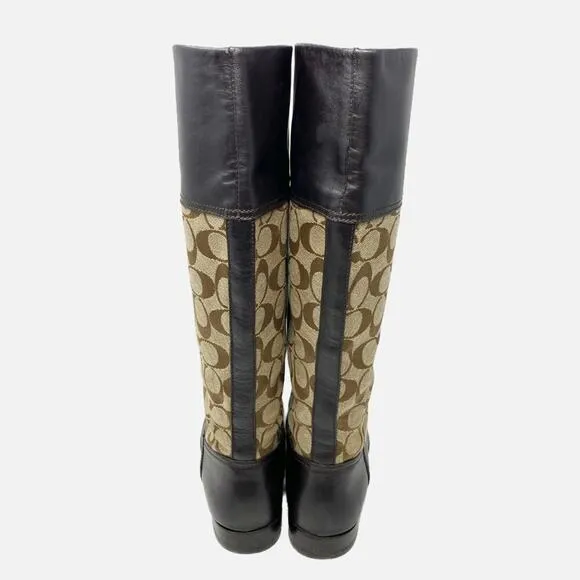Coach Brown/Tan Chrissi Leather &amp; Logo Print Riding Boots Women's Sz 7.5 Pull On