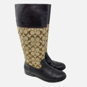Coach Brown/Tan Chrissi Leather &amp; Logo Print Riding Boots Women's Sz 7.5 Pull On