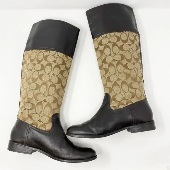 Coach Brown/Tan Chrissi Leather &amp; Logo Print Riding Boots Women's Sz 7.5 Pull On