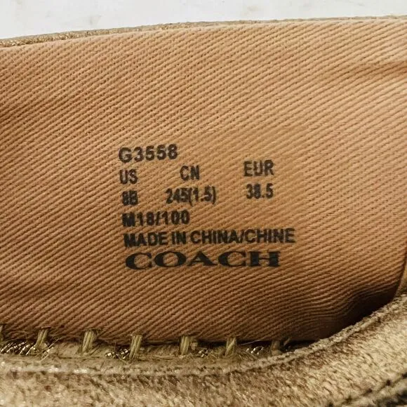 COACH Casey Metallic Gold Leather Slip-On Espadrille Flats - US 8