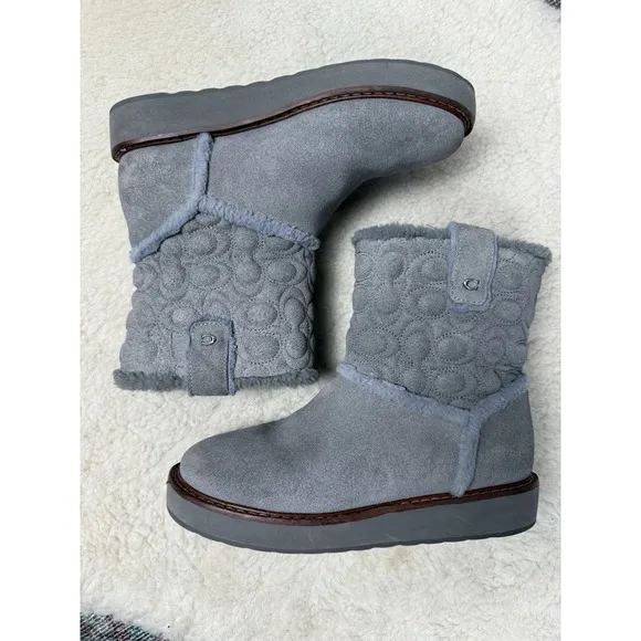 Coach Ivy C1235 Gray Suede Pull On Women's Size 5B Boots Fur Sheepskin Bootie