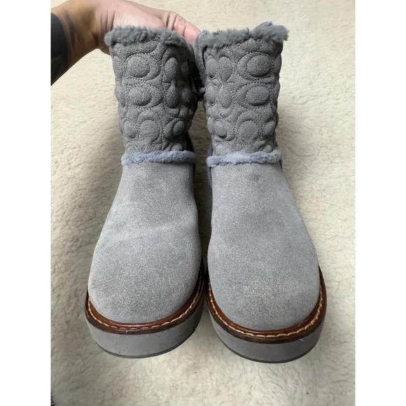 Coach Ivy C1235 Gray Suede Pull On Women's Size 5B Boots Fur Sheepskin Bootie