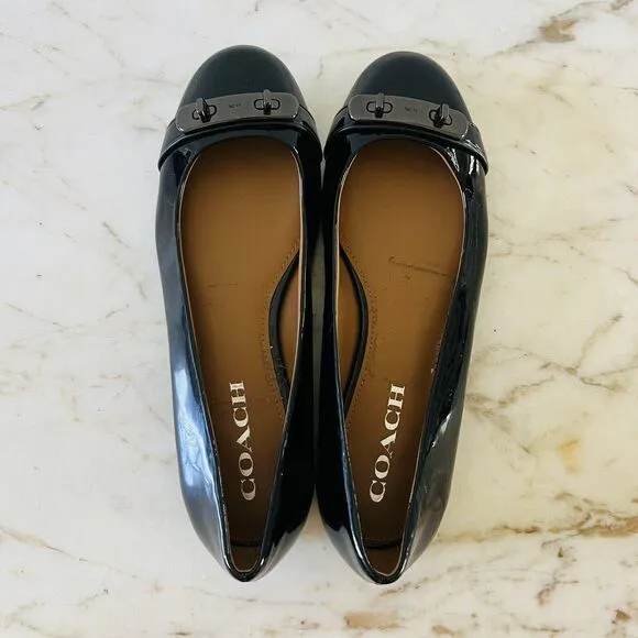 COACH Oswald Black Patent Leather Ballerina Flats Metal Buckle Accent - US 6.5