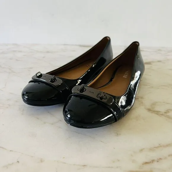 COACH Oswald Black Patent Leather Ballerina Flats Metal Buckle Accent - US 6.5