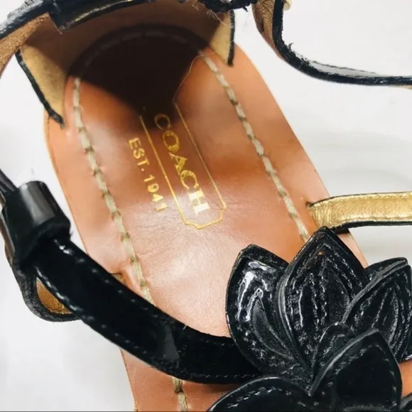 Coach Sierra Black Flower T-strap Sandals