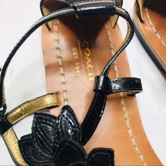 Coach Sierra Black Flower T-strap Sandals