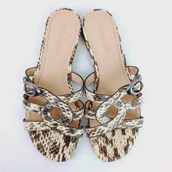 Coach SZ 9 Kennedy Leather Snakeskin Slide Sandals Adjustable Brown C3836