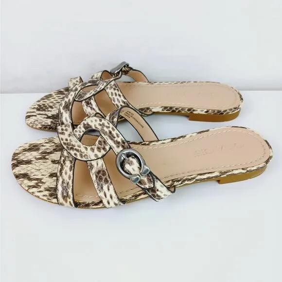 Coach SZ 9 Kennedy Leather Snakeskin Slide Sandals Adjustable Brown C3836