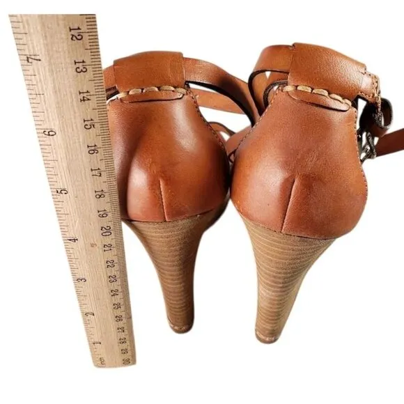 Coach Tan Leather Wedge Sandals With Strappy Design &amp; Adjustable Ankle Strap For