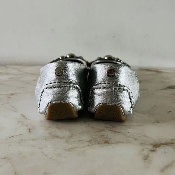 COACH Venus Metallic Silver Soft Leather Embellished Ballerina Flats - US 7
