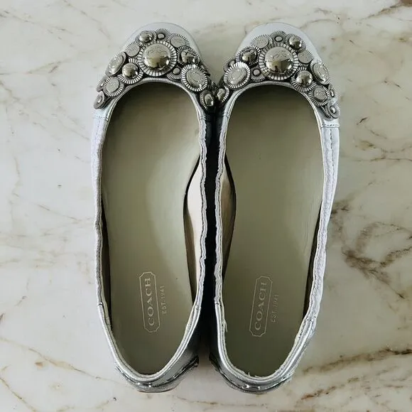 COACH Venus Metallic Silver Soft Leather Embellished Ballerina Flats - US 7