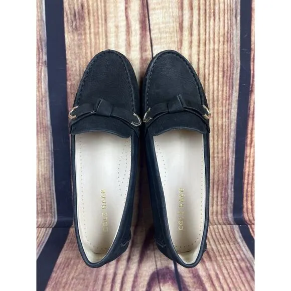 Cole Haan Evelyn Bow Driver Women's 8.5 Slip On Black Loafers Gold Metal Accent