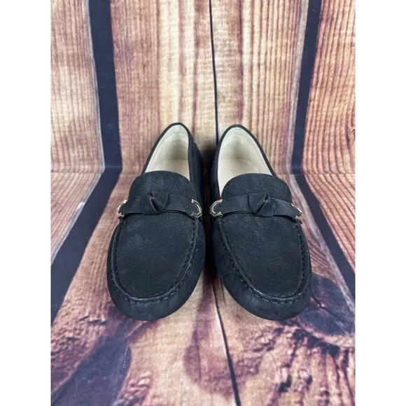 Cole Haan Evelyn Bow Driver Women's 8.5 Slip On Black Loafers Gold Metal Accent
