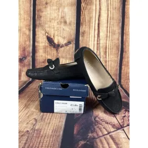 Cole Haan Evelyn Bow Driver Women's 8.5 Slip On Black Loafers Gold Metal Accent