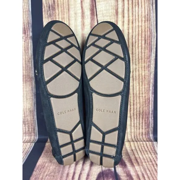 Cole Haan Evelyn Bow Driver Women's 8.5 Slip On Black Loafers Gold Metal Accent