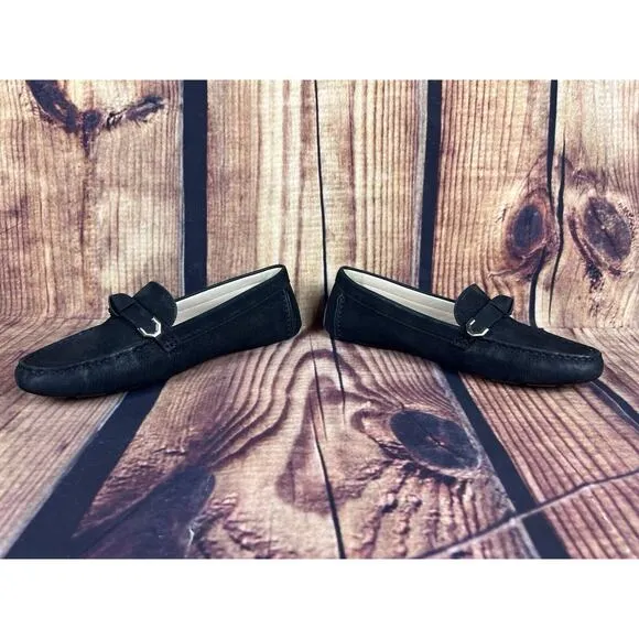 Cole Haan Evelyn Bow Driver Women's 8.5 Slip On Black Loafers Gold Metal Accent
