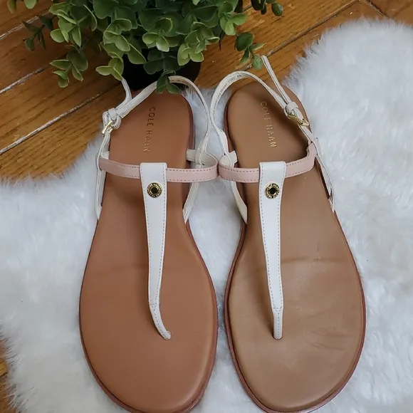 Cole Haan Flora White and Tan T-Strap Sandals