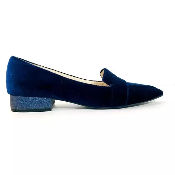 Cole Haan Women’s 7.5 B Blue Velvet Loafers Flats Glitter Heels Pointed Toe