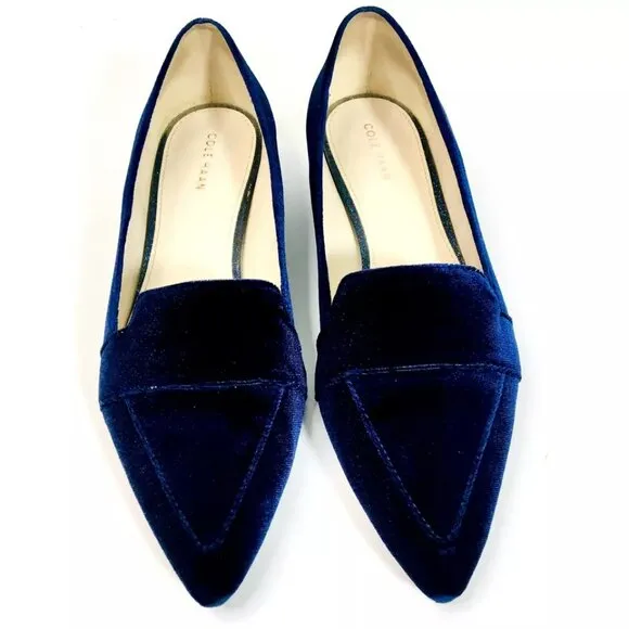 Cole Haan Women’s 7.5 B Blue Velvet Loafers Flats Glitter Heels Pointed Toe