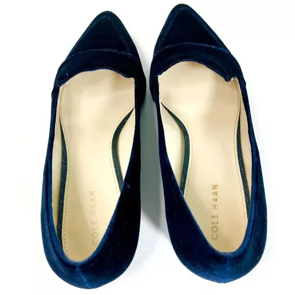 Cole Haan Women’s 7.5 B Blue Velvet Loafers Flats Glitter Heels Pointed Toe