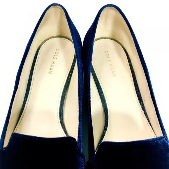Cole Haan Women’s 7.5 B Blue Velvet Loafers Flats Glitter Heels Pointed Toe