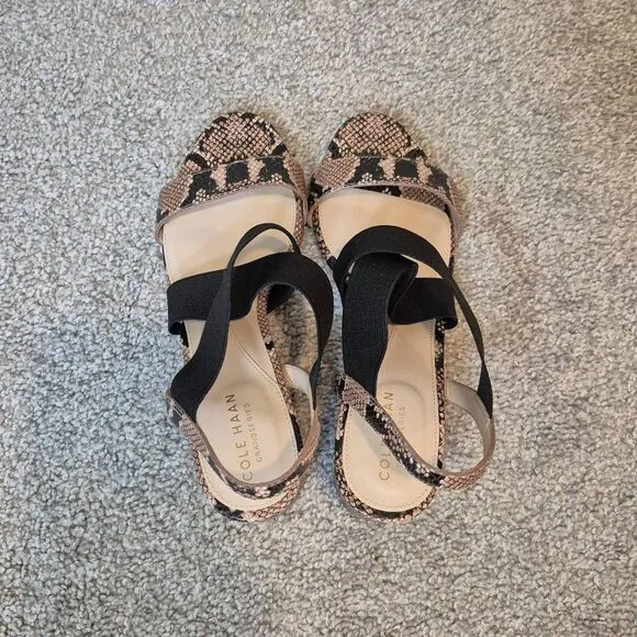 Cole Haan Women’s 8 Aniston Elastic Black Snake Print Leather Heels Sandals