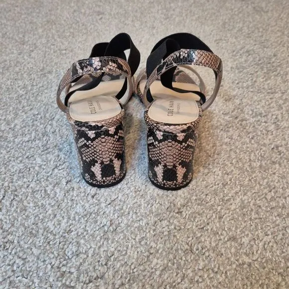 Cole Haan Women’s 8 Aniston Elastic Black Snake Print Leather Heels Sandals